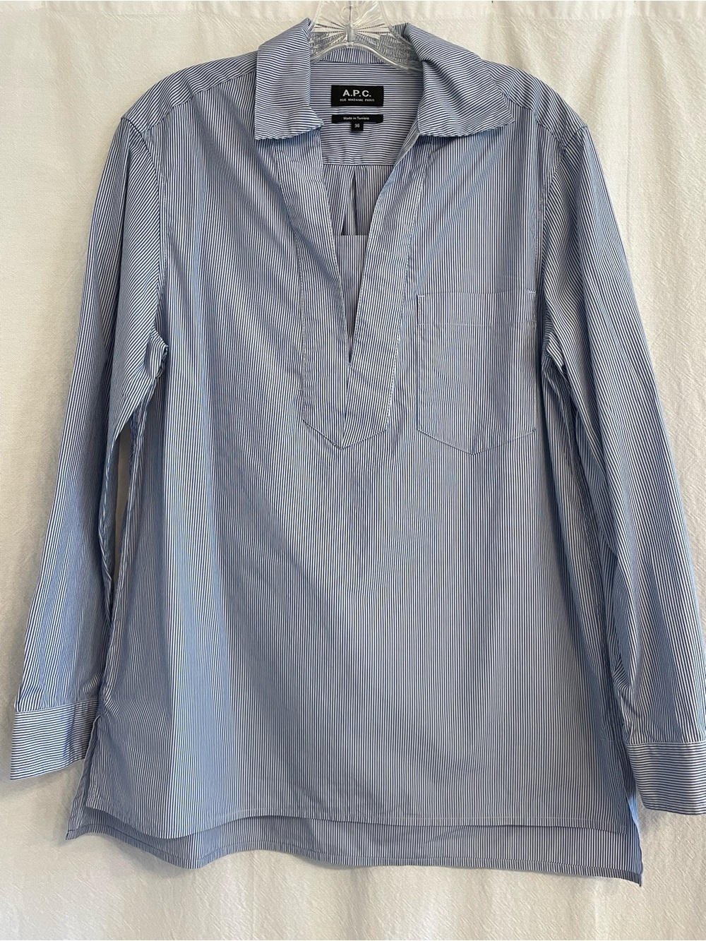 A.P.C. Light Blue Pinstripe Tailored Pullover Shirt, size 36 (women’s small)